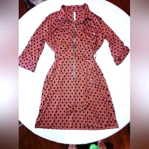 NY Collection Geometric Design Print Adjustable Sleeve Shirt Dress With Belt
